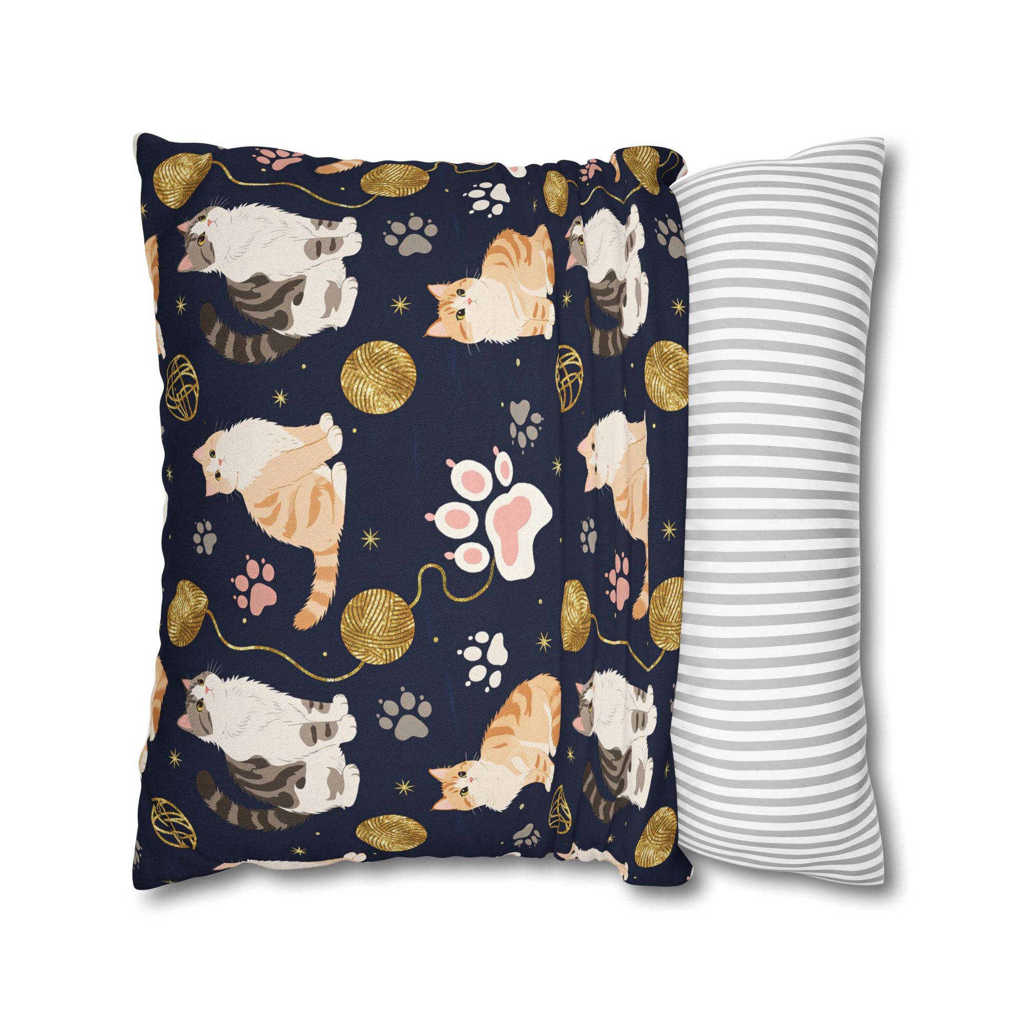 Square Pillowcase - Charming cats and golden yarn playful design, cute kittens with paw prints, whimsical animal art for cat lovers, dark blue background, delightful pet themed illustration