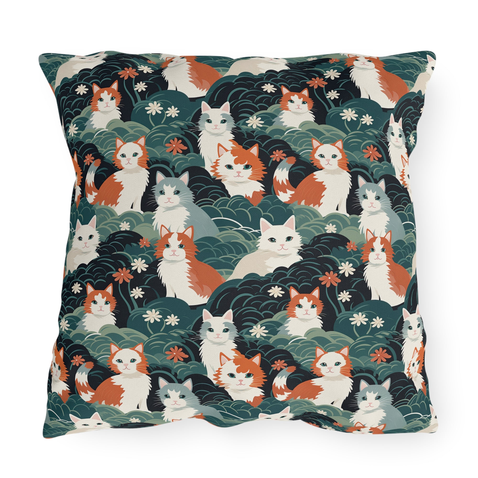 Outdoor Pillow - A whimsical, fluffy, watercolor depiction of various cats of different colors peeking out from a dense dark blue and green bush with white flowers.
