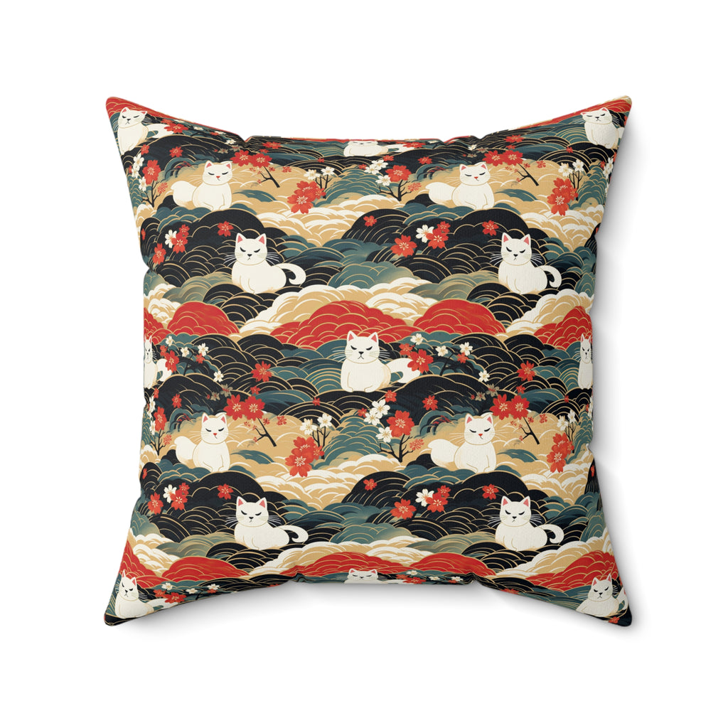 Indoor Square Pillow - A beautiful, Japanese-inspired illustration of tranquil white cats resting on rolling clouds with vibrant red and white cherry blossoms.