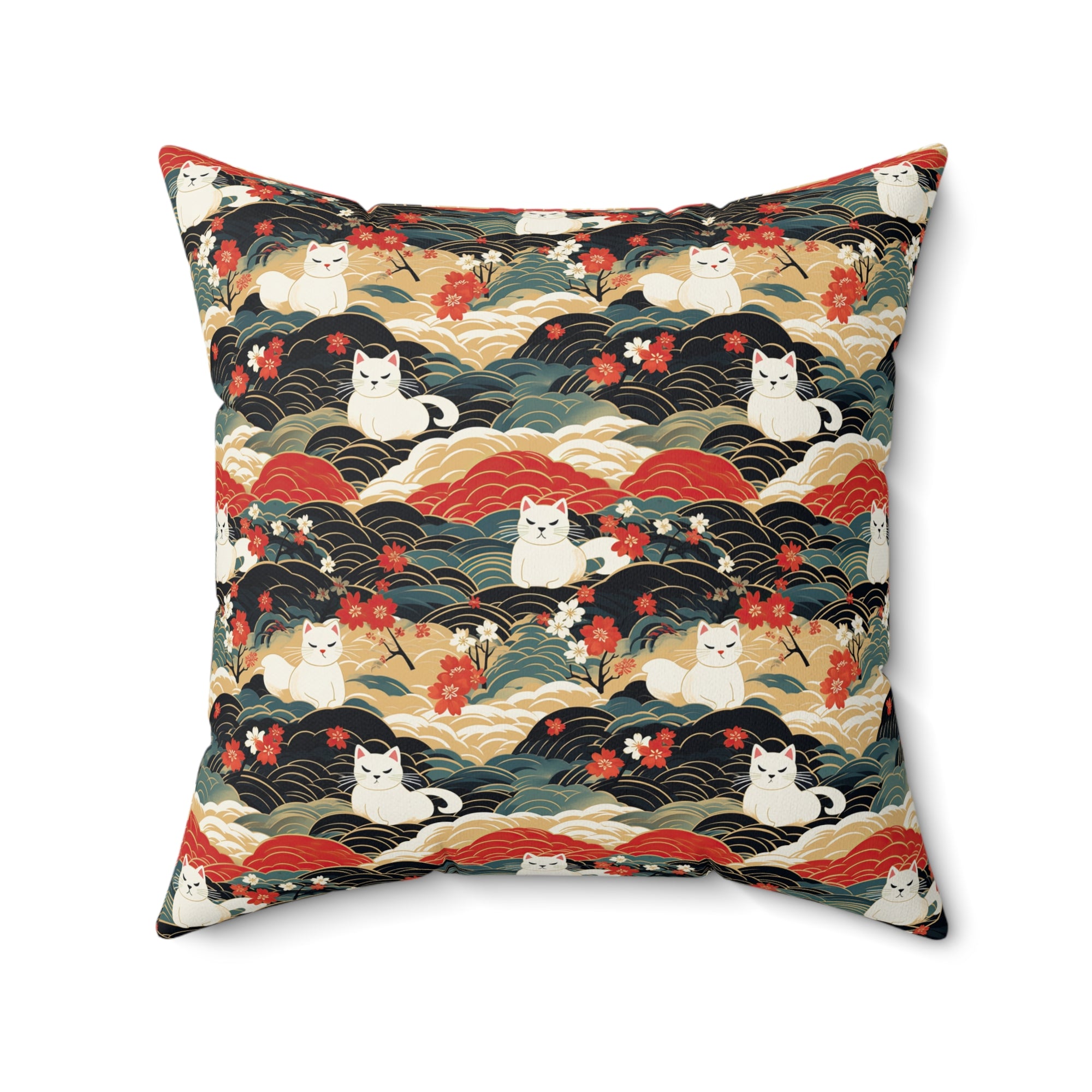 Indoor Square Pillow - A beautiful, Japanese-inspired illustration of tranquil white cats resting on rolling clouds with vibrant red and white cherry blossoms.
