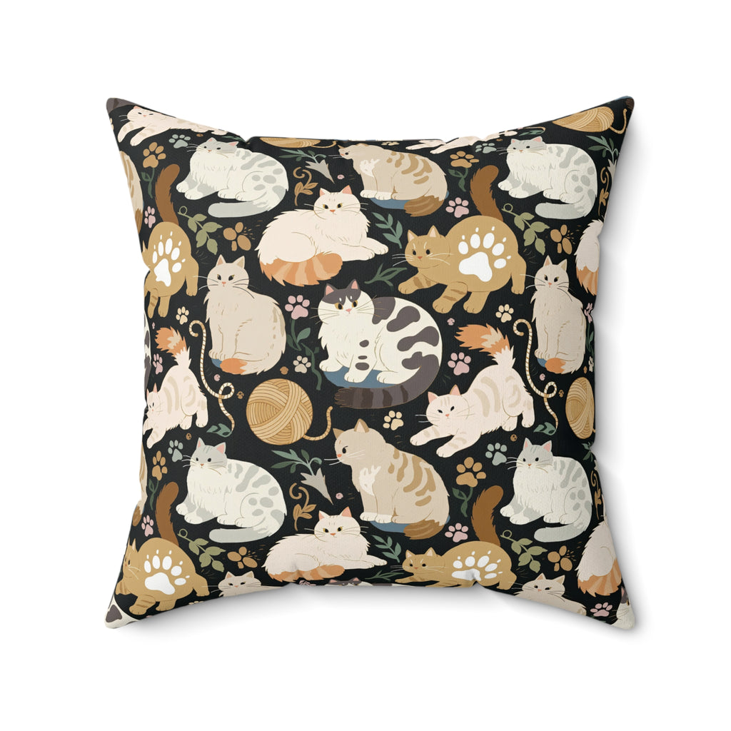 Indoor Square Pillow - Diverse cats and kittens in a dark garden, various breeds and colors, soft natural tones with foliage and paw prints, charming animal illustration, dark background, gentle pet themed art