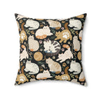 Indoor Square Pillow - Diverse cats and kittens in a dark garden, various breeds and colors, soft natural tones with foliage and paw prints, charming animal illustration, dark background, gentle pet themed art