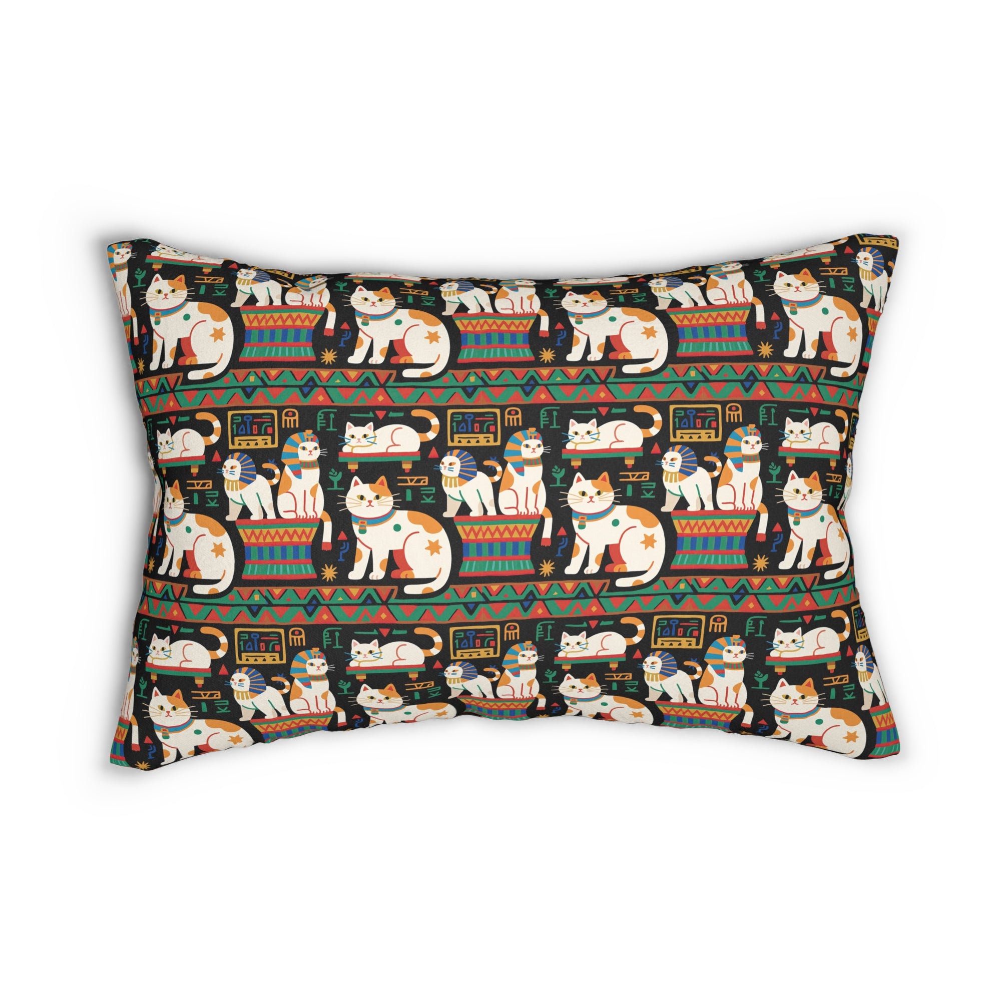 Indoor Lumbar Pillow - Ancient Egyptian Felines with Hieroglyphs and Colorful Borders Adorn this Playful and Culturally Rich Cat Pattern
