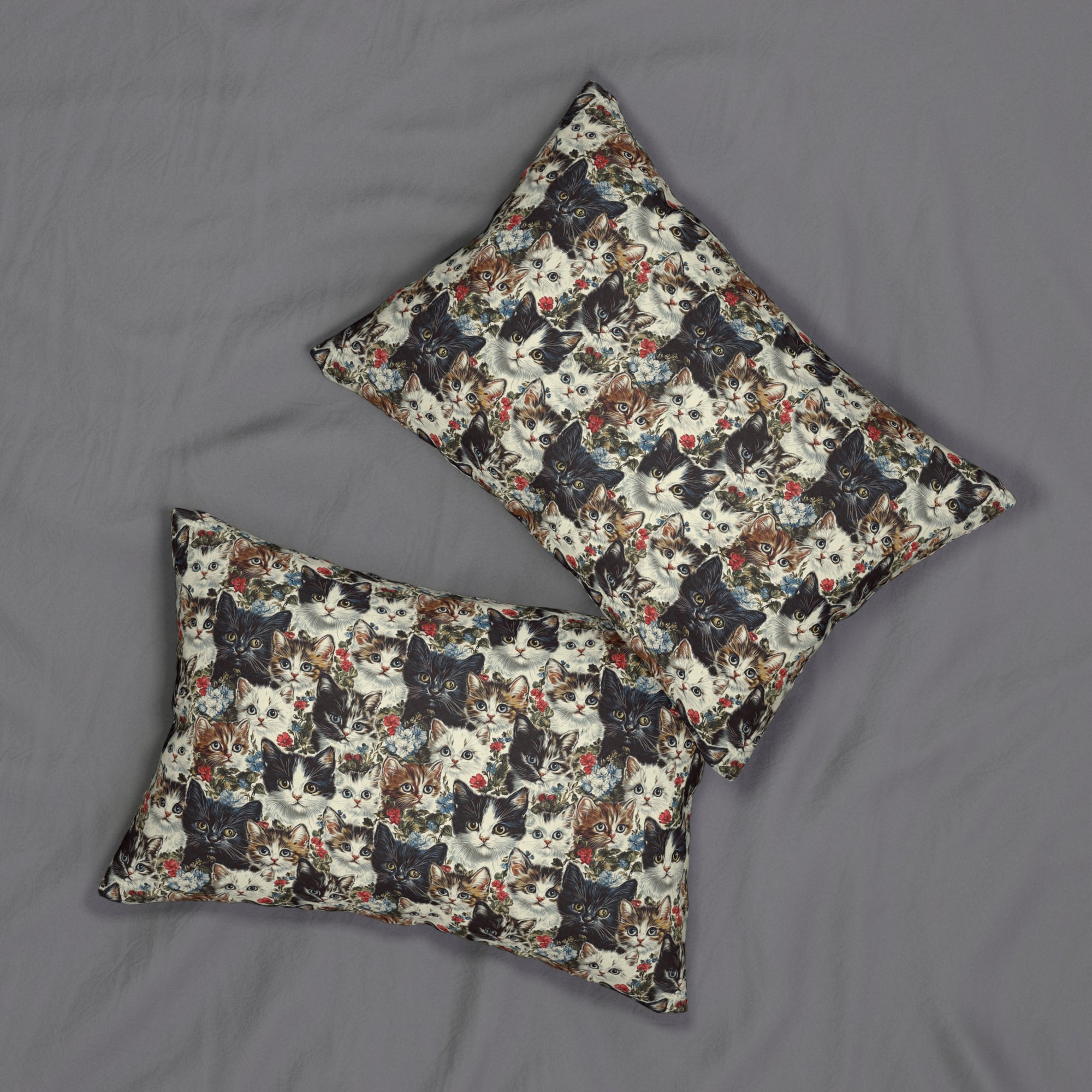 Indoor Lumbar Pillow - Colorful Kitten Faces with Red and Blue Flowers, Whimsical and Bright, Pattern Design