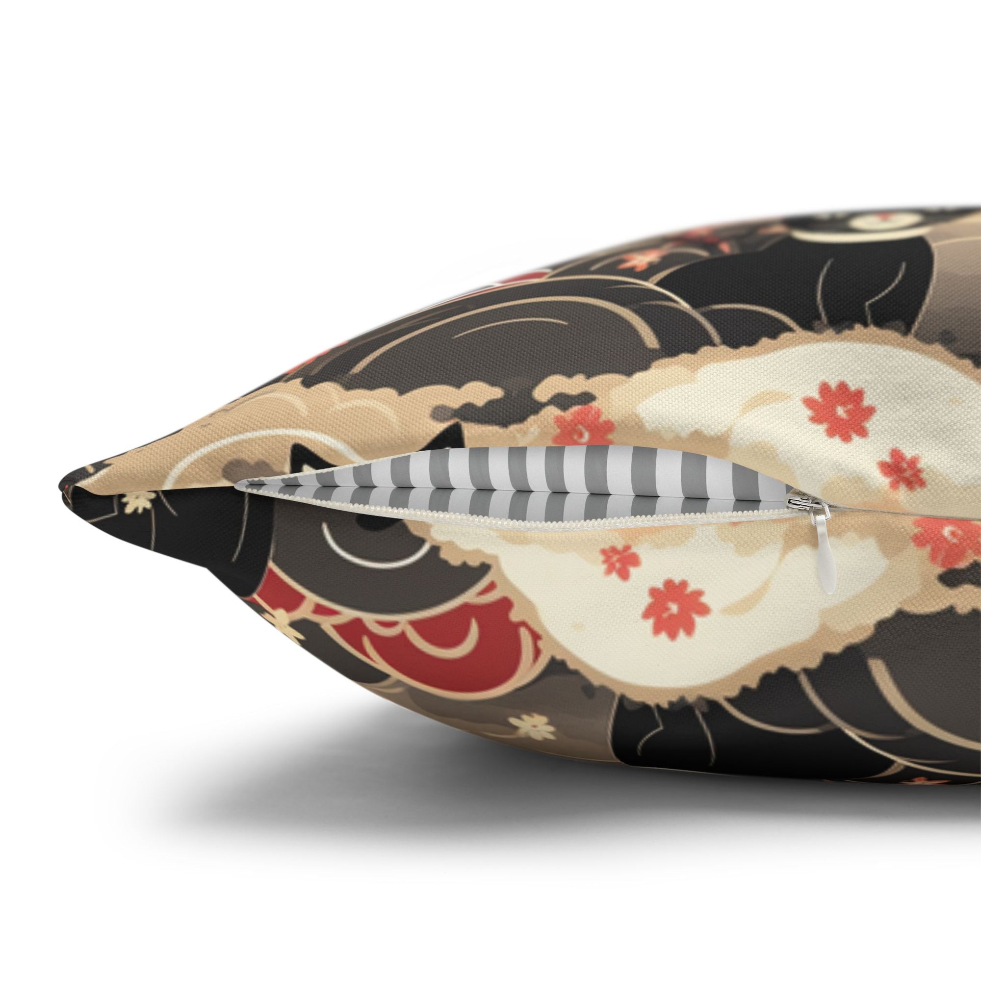 Square Pillowcase - A whimsical and enchanting Japanese-style pattern featuring cute black and orange cats nestled among vibrant orange blossoms and soft, cloudy backgrounds.