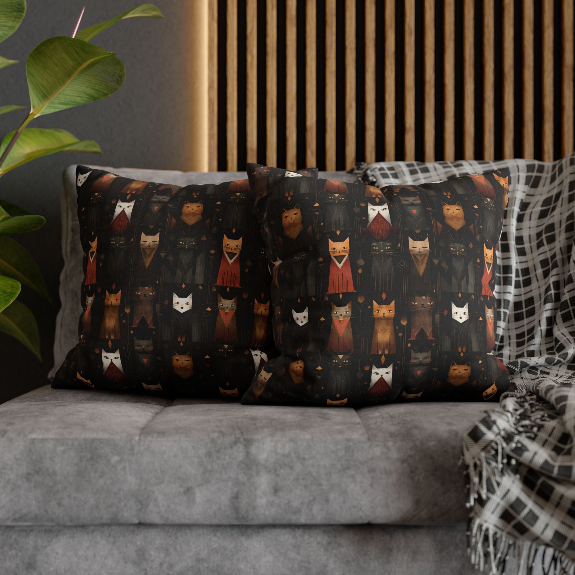 Square Pillowcase - A striking and sophisticated Art Deco-style pattern of felines with bold, intricate lines and dramatic geometric shapes, all rendered in a unique gold and gray color palette.
