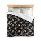 Duvet Cover - Grey and White Kittens Playing with Golden Yarn on a Black Background with Paw Prints