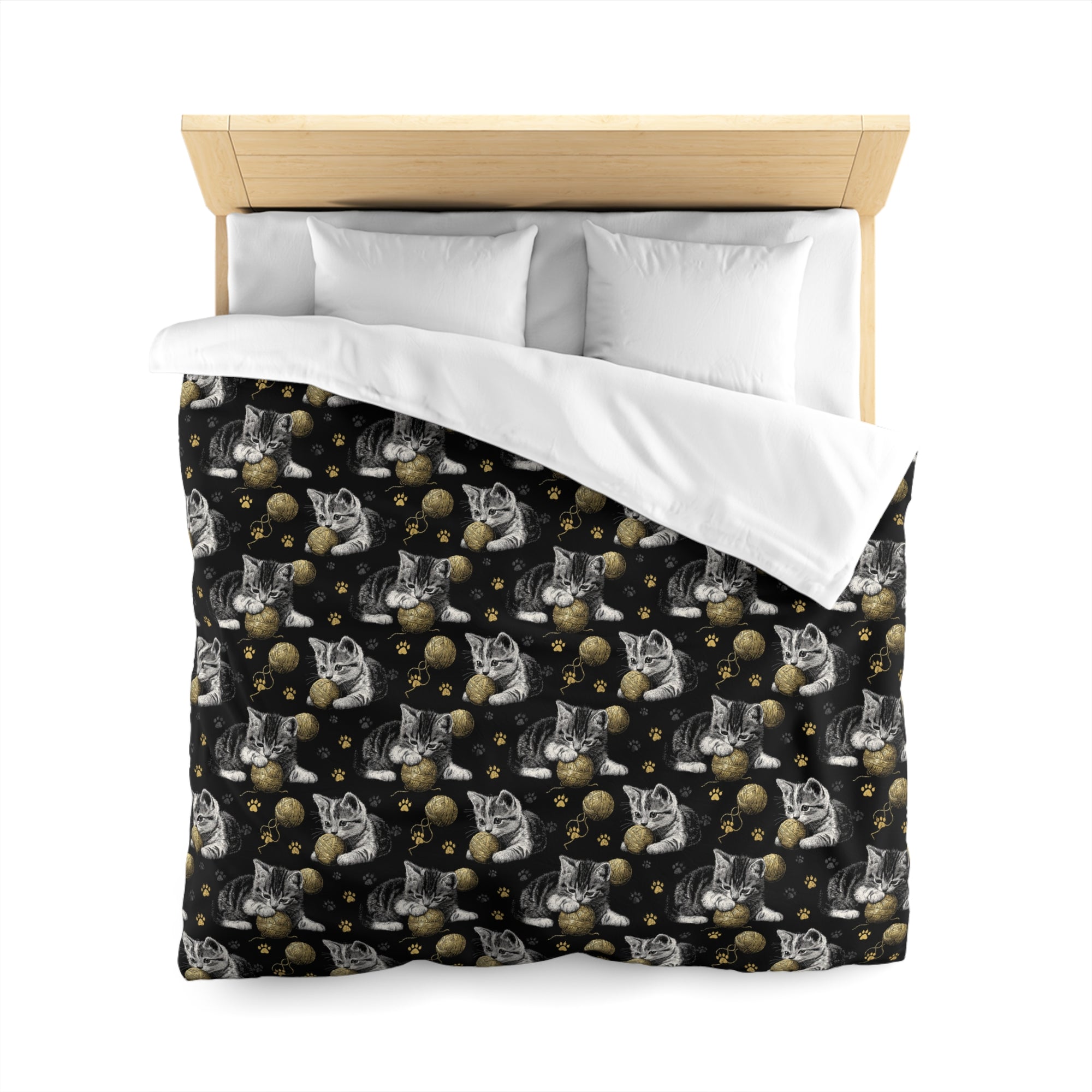 Duvet Cover - Grey and White Kittens Playing with Golden Yarn on a Black Background with Paw Prints