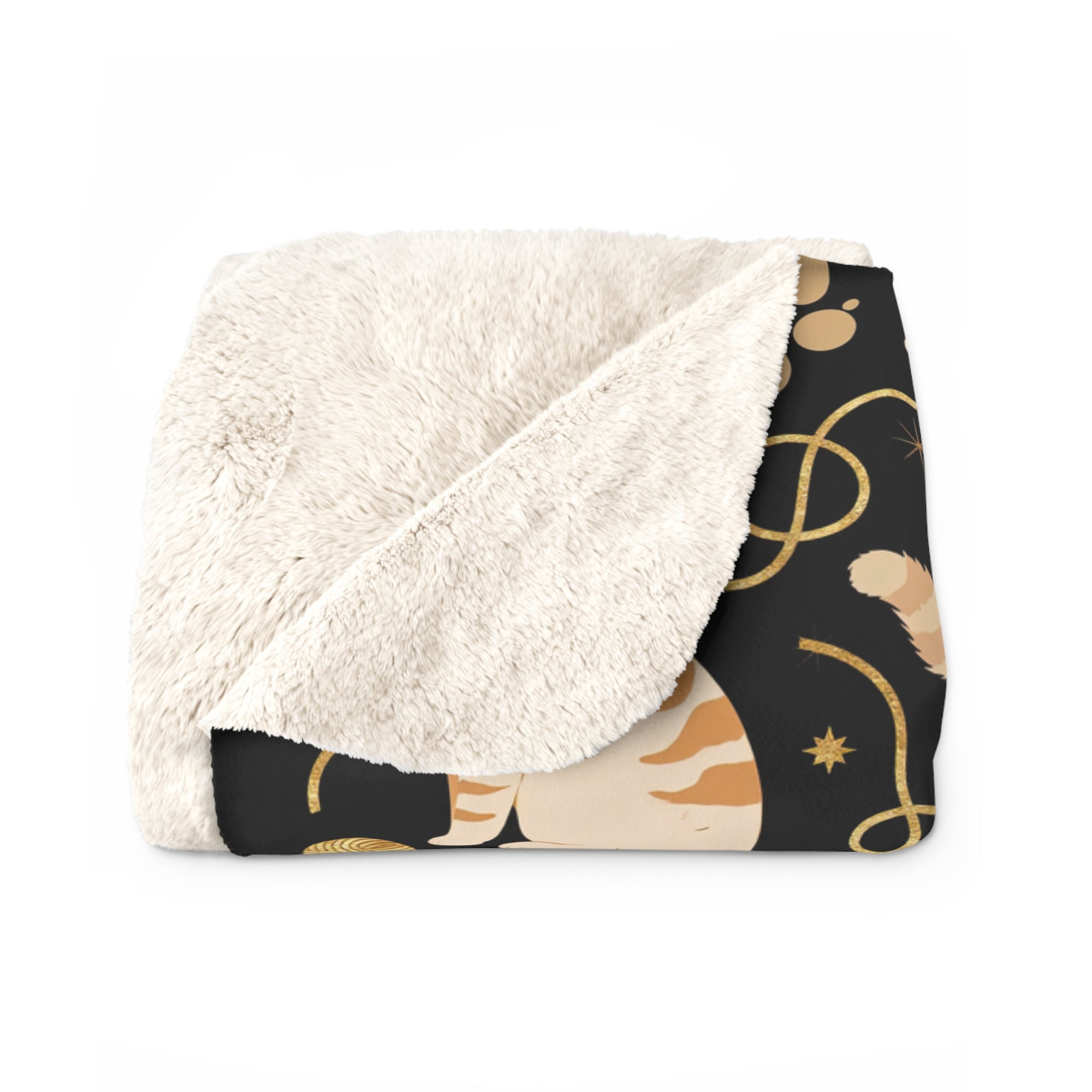 Sherpa Blanket - Elegant felines and sparkling gold yarn on black, adorable cats with golden paw prints, sophisticated pet motif, charming animal pattern, cozy and warm artistic illustration