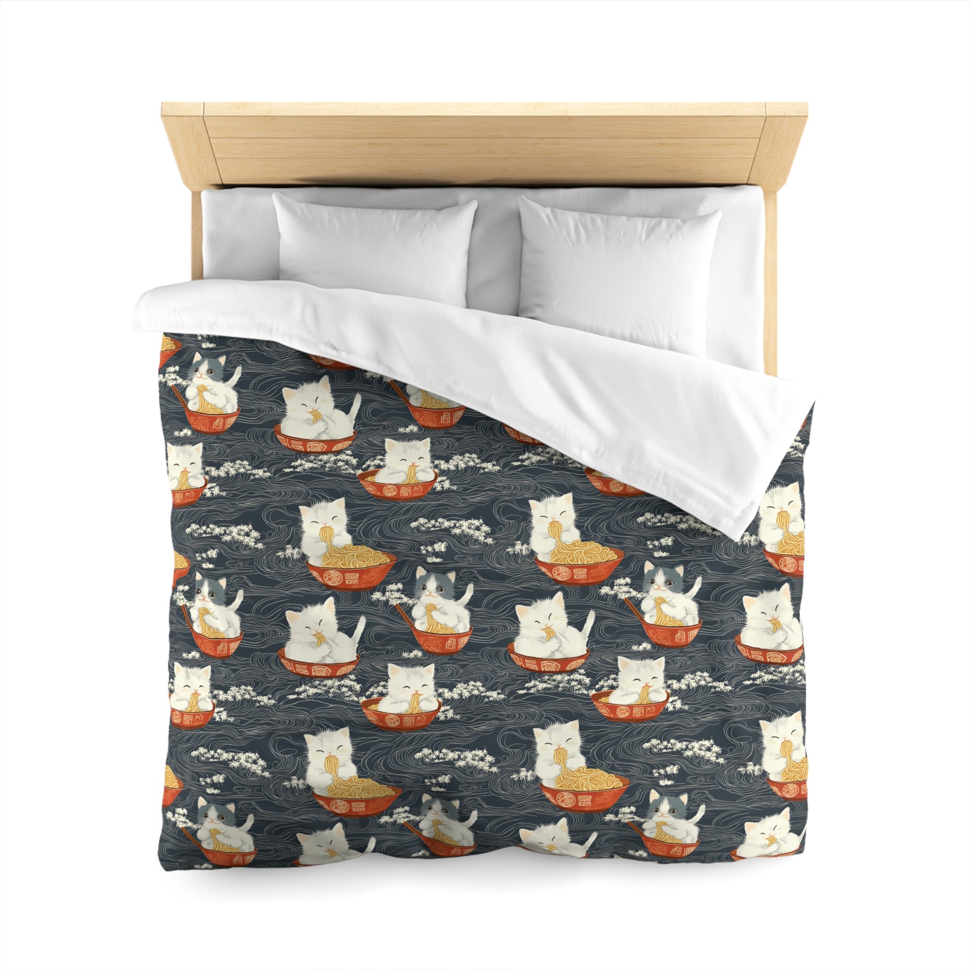 Duvet Cover - An adorable and cute pattern of baby cats happily eating steaming ramen noodles from traditional red and white bowls with beautiful white floral elements surrounding them.