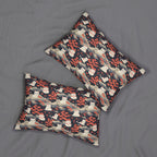 Indoor Lumbar Pillow - A charming, minimalist, Japanese-style illustration of cute white cats sitting amongst vibrant red and white flowers on a dark background.