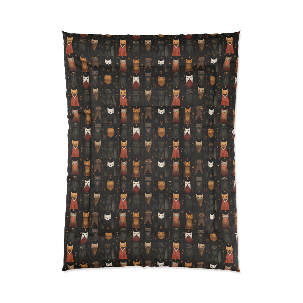 Comforter - A striking and sophisticated Art Deco-style pattern of felines with bold, intricate lines and dramatic geometric shapes, all rendered in a unique gold and gray color palette.