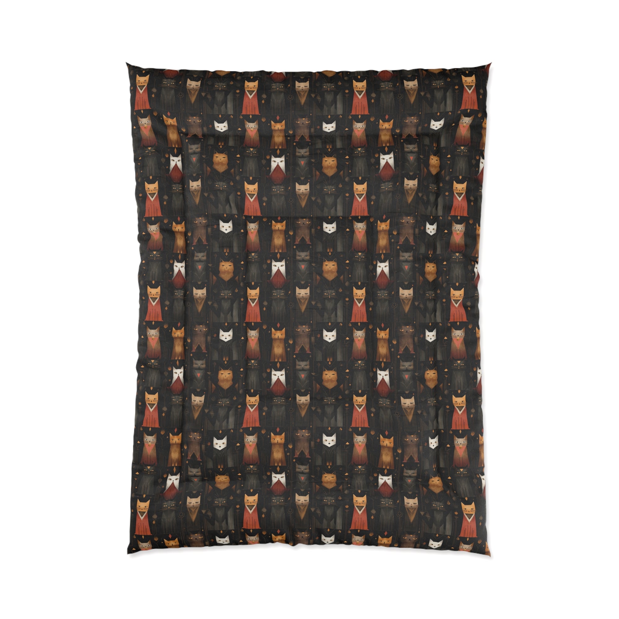 Comforter - A striking and sophisticated Art Deco-style pattern of felines with bold, intricate lines and dramatic geometric shapes, all rendered in a unique gold and gray color palette.