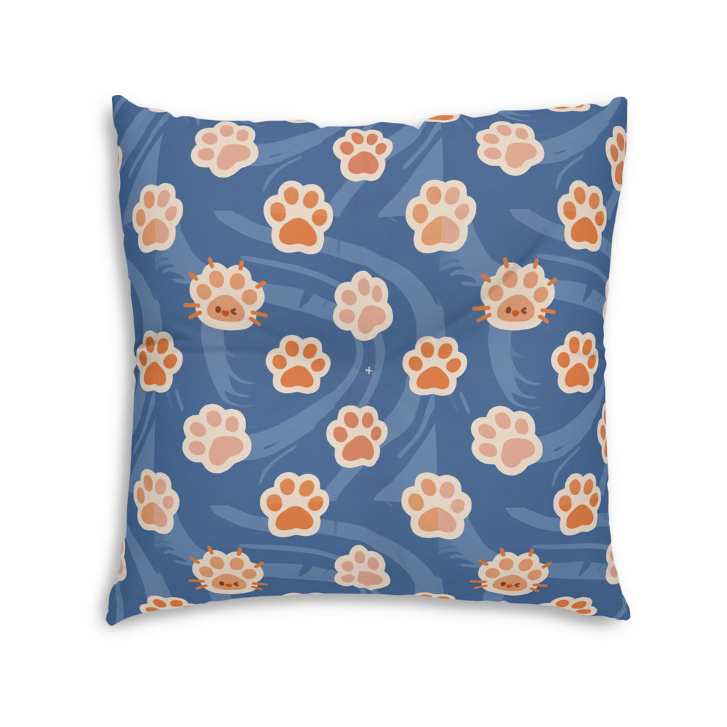 Indoor Square Floor Pillow - Adorable ginger cat with bright green eyes, sparkling gold yarn and paw prints, classic tabby cat illustration, cream background, cute and charming pet themed art