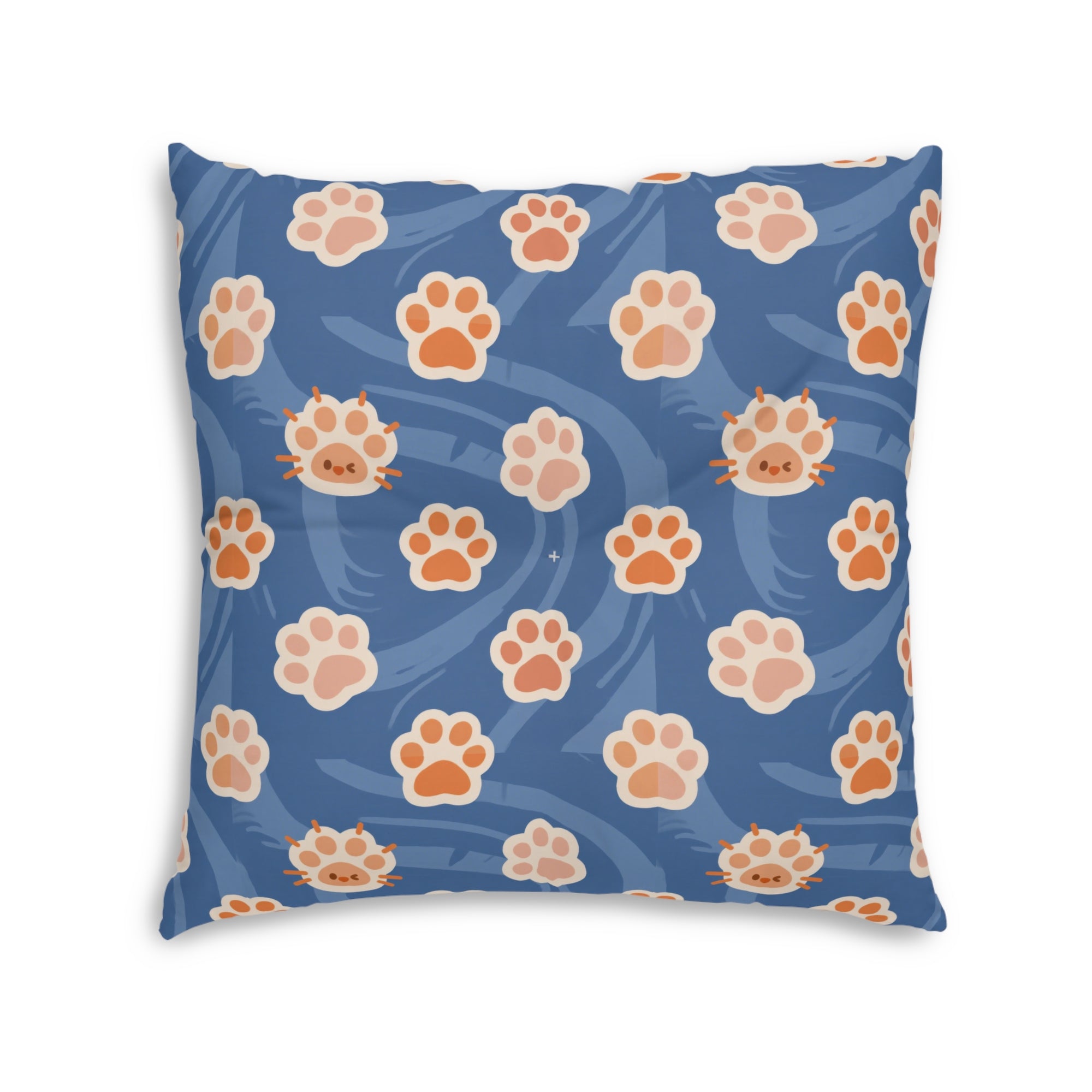 Indoor Square Floor Pillow - Adorable ginger cat with bright green eyes, sparkling gold yarn and paw prints, classic tabby cat illustration, cream background, cute and charming pet themed art