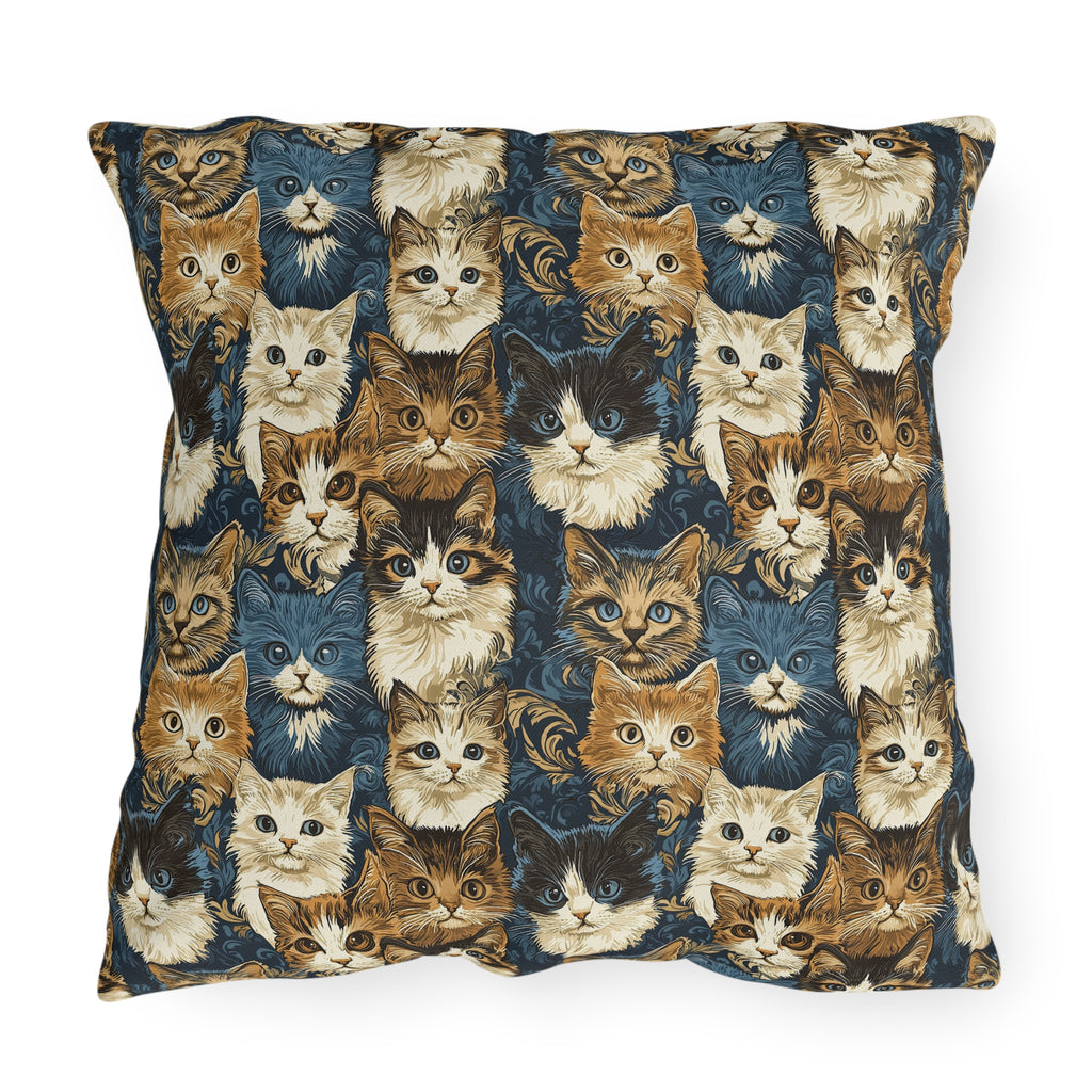 Outdoor Pillow - Blue Eyed Cats with Brown and White Fur on a Deep Blue Damask Background