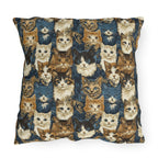 Outdoor Pillow - Blue Eyed Cats with Brown and White Fur on a Deep Blue Damask Background