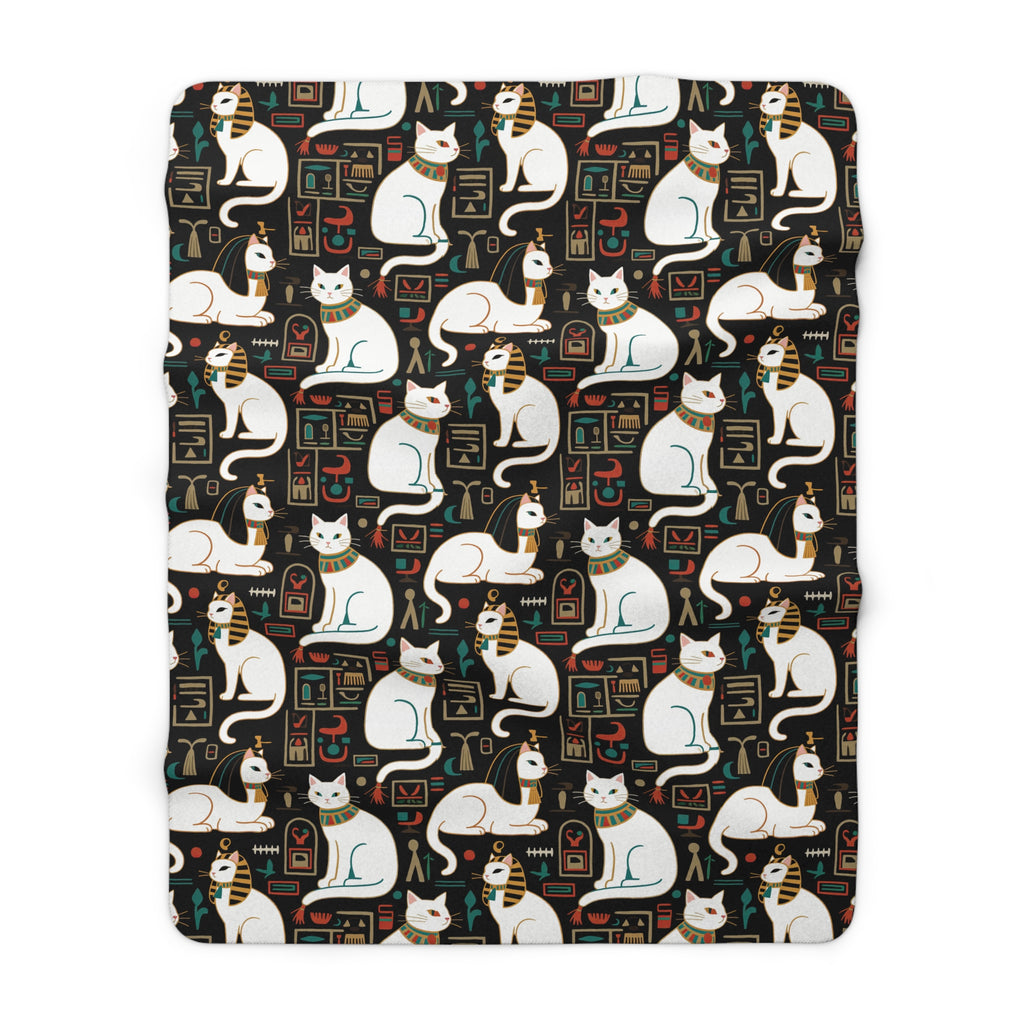 Sherpa Blanket - Regal White Egyptian Cats with Ornate Collars and Ancient Symbols Adorn this Historically Inspired and Mystical Pattern