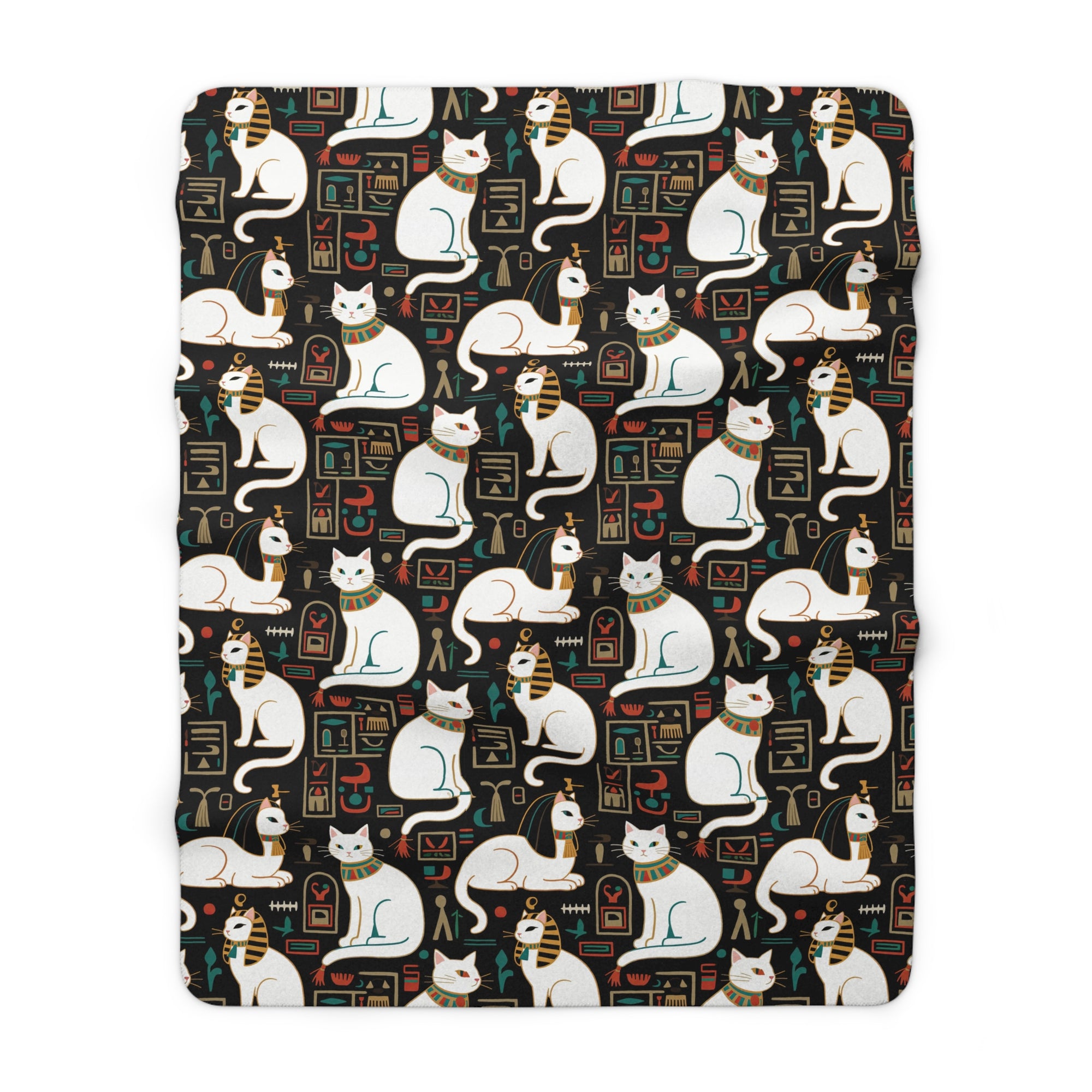 Sherpa Blanket - Regal White Egyptian Cats with Ornate Collars and Ancient Symbols Adorn this Historically Inspired and Mystical Pattern