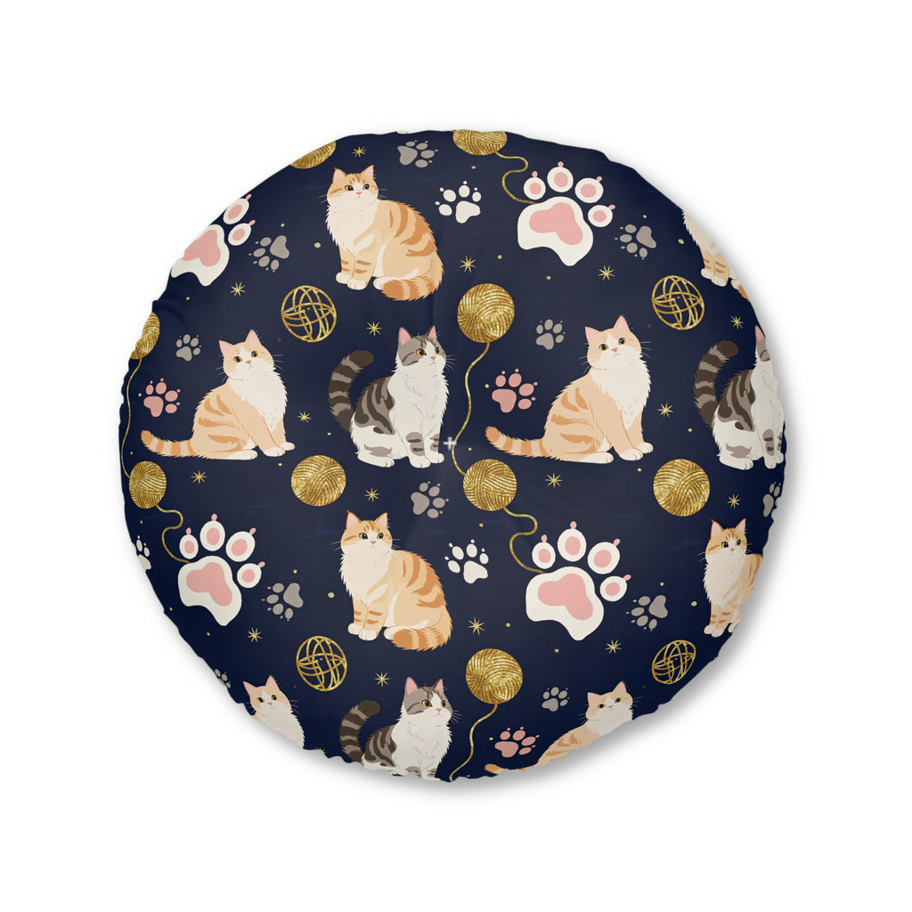Indoor Round Floor Pillow - Charming cats and golden yarn playful design, cute kittens with paw prints, whimsical animal art for cat lovers, dark blue background, delightful pet themed illustration