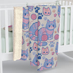 Sherpa Blanket - Sweet pastel blue and pink cartoon cats, cute kawaii style kittens with yarn and paw prints, charming and playful animal design, light cream background, delightful pet pattern
