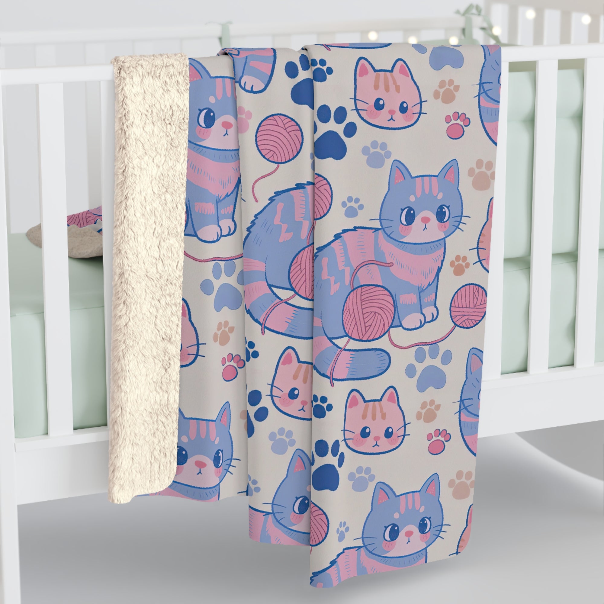 Sherpa Blanket - Sweet pastel blue and pink cartoon cats, cute kawaii style kittens with yarn and paw prints, charming and playful animal design, light cream background, delightful pet pattern