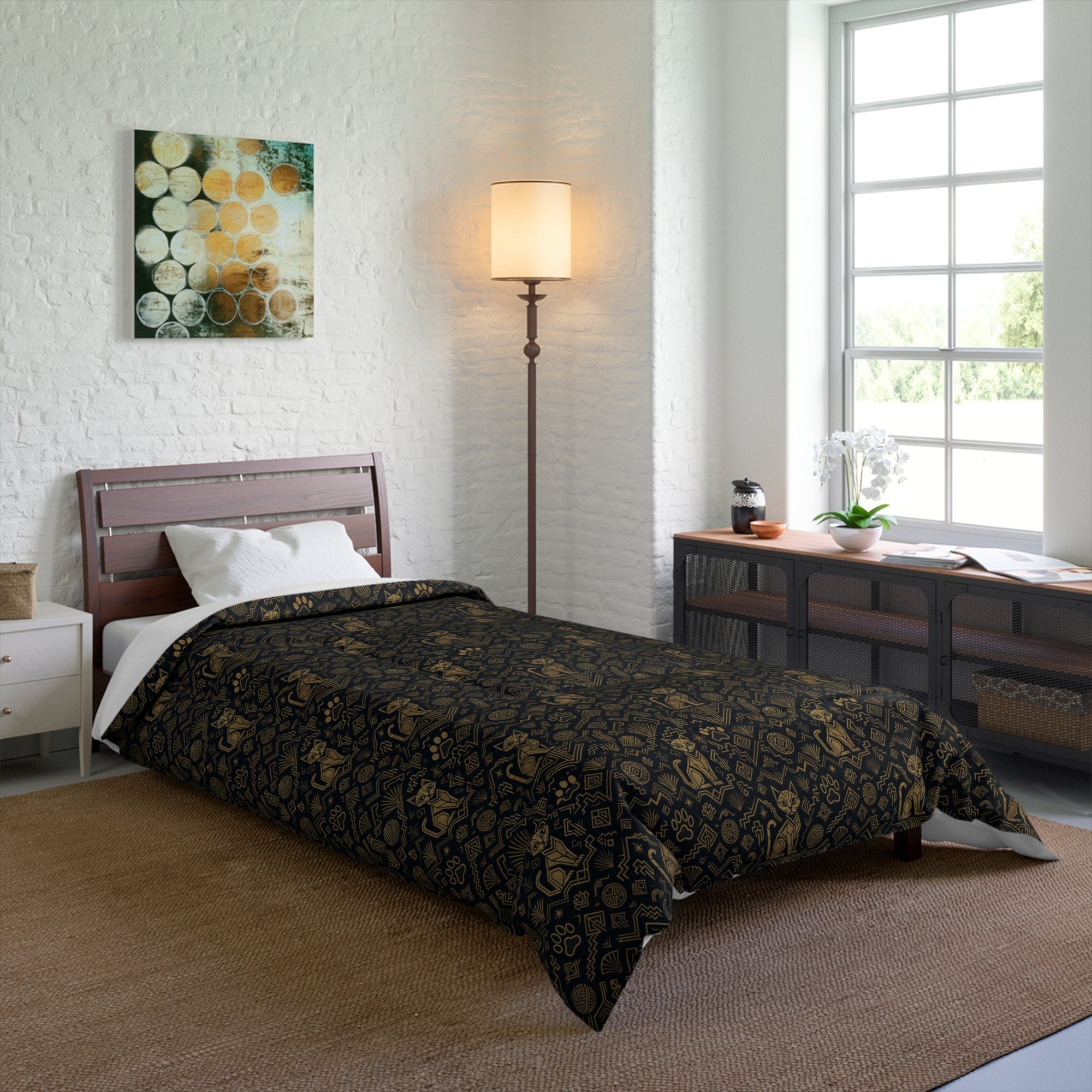 Comforter - Art Deco Inspired Golden Cat Silhouettes and Geometric Patterns Create a Sophisticated and Stylized Modern Design