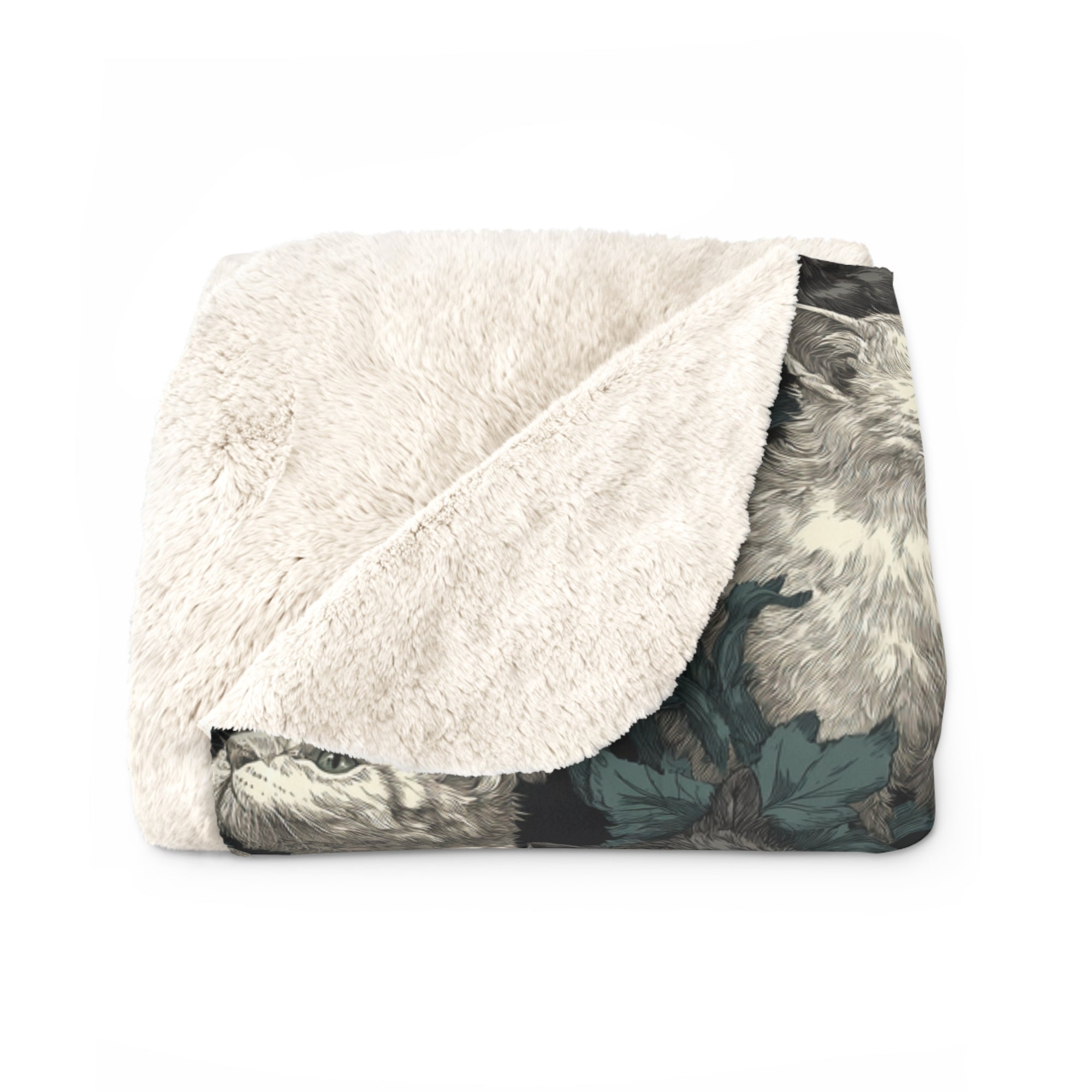 Sherpa Blanket - Grey and White Kittens with Creamy White Flowers and Dark Green Foliage, Elegant Vintage Vibe