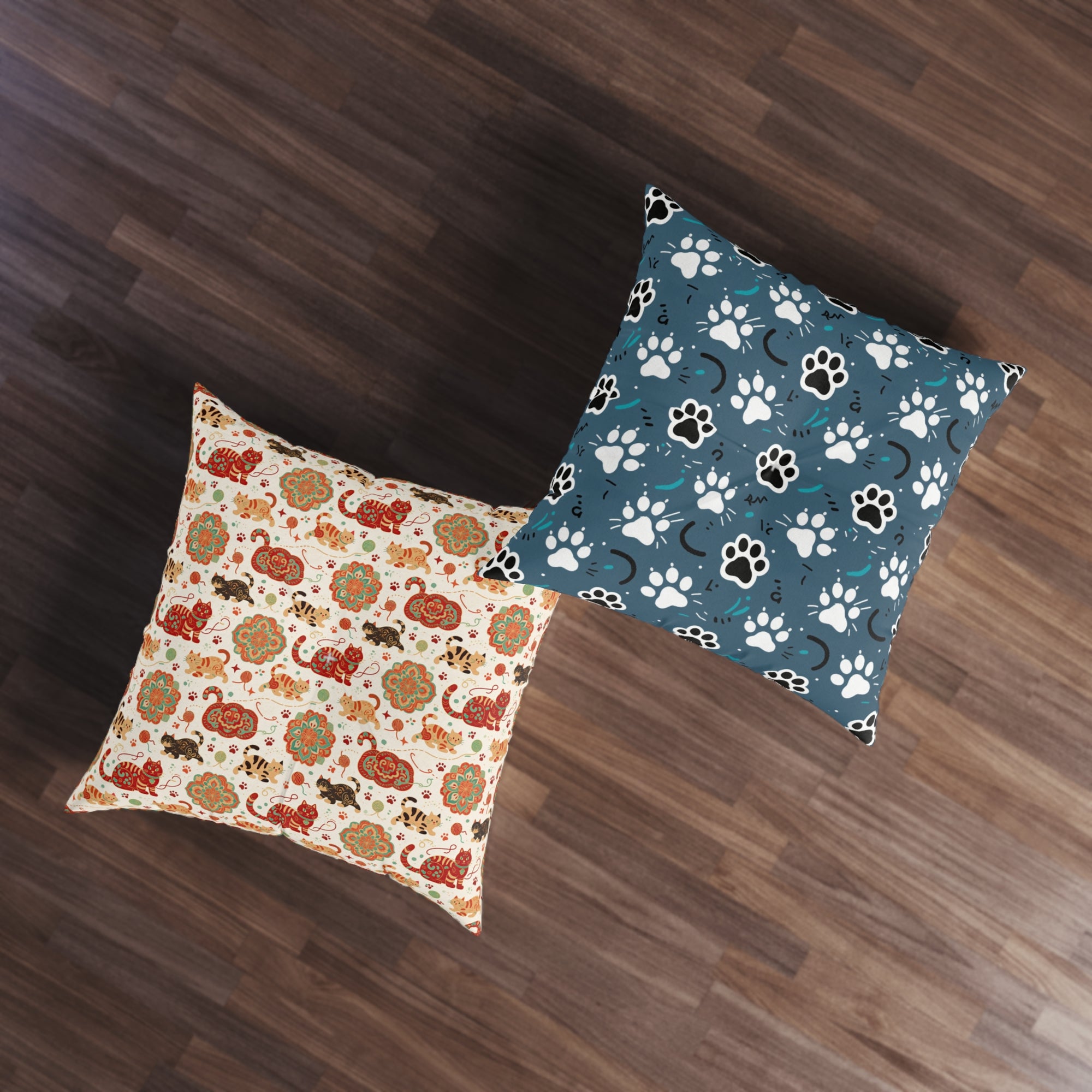 Indoor Square Floor Pillow - Vibrant boho chic cats and mandalas, colorful folk art style, playful felines with yarn and paw prints, artistic and bohemian cat design, cream background, unique animal print