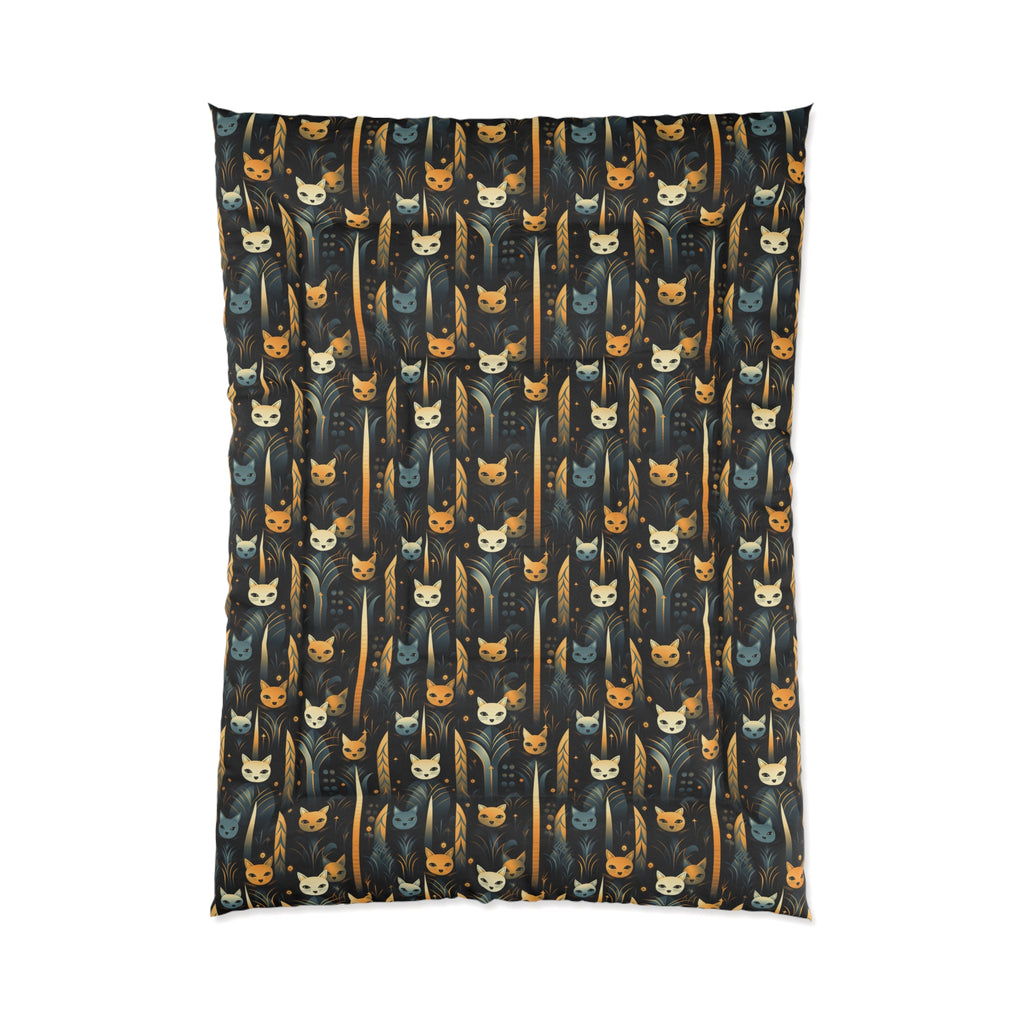 Comforter - A sleek and stylish Art Deco-inspired pattern depicting a serene nocturnal landscape with streamlined cat silhouettes and radiating golden light among abstract plants.