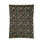 Comforter - A sleek and stylish Art Deco-inspired pattern depicting a serene nocturnal landscape with streamlined cat silhouettes and radiating golden light among abstract plants.