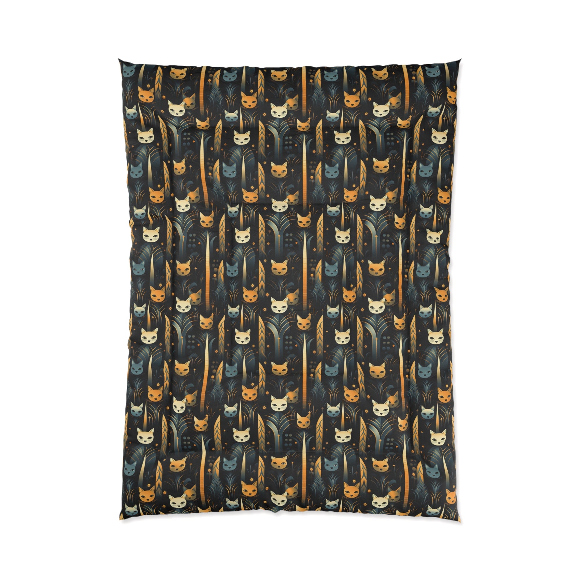 Comforter - A sleek and stylish Art Deco-inspired pattern depicting a serene nocturnal landscape with streamlined cat silhouettes and radiating golden light among abstract plants.