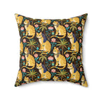 Indoor Square Pillow - Golden Egyptian Cats with Pharaonic Headpieces Amidst Lush Palms and Lotus Flowers in an Exotic and Vibrant Scene