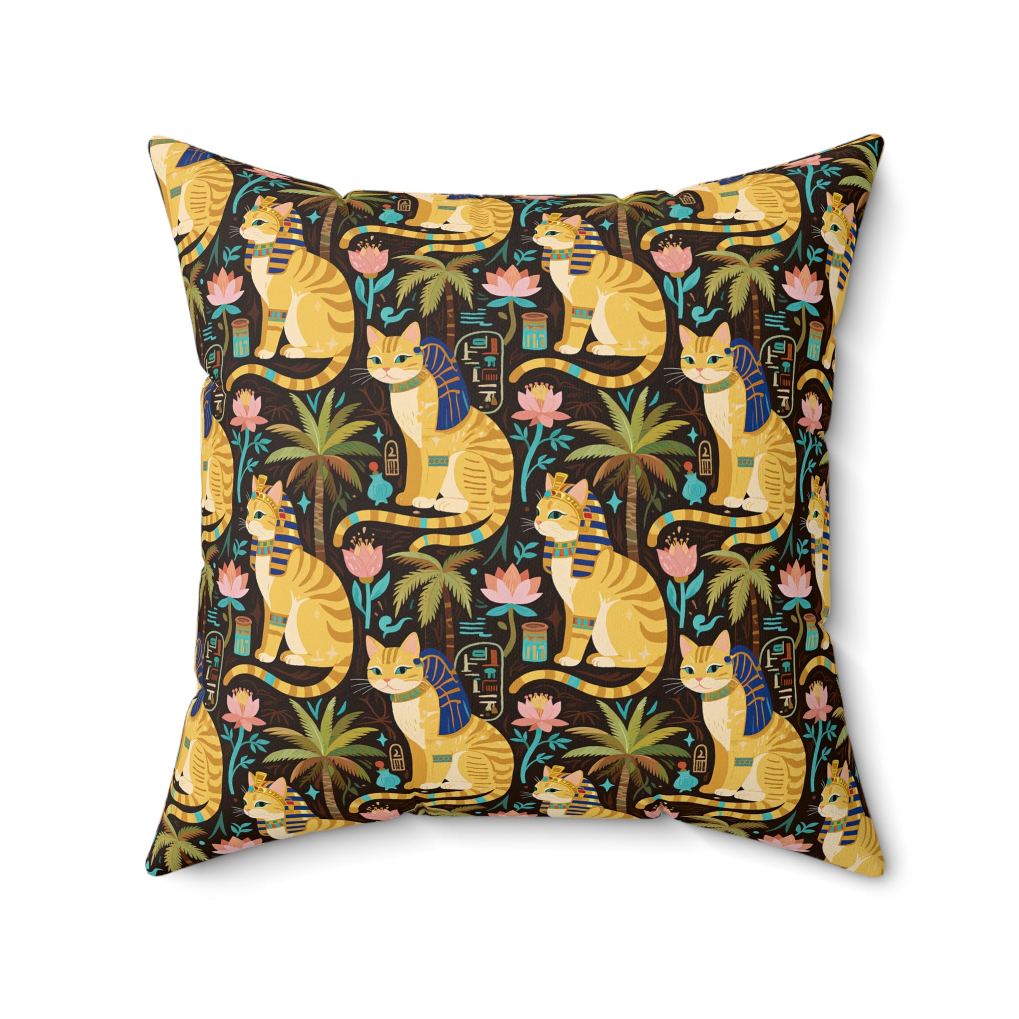 Indoor Square Pillow - Golden Egyptian Cats with Pharaonic Headpieces Amidst Lush Palms and Lotus Flowers in an Exotic and Vibrant Scene