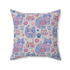 Indoor Square Pillow - Sweet pastel blue and pink cartoon cats, cute kawaii style kittens with yarn and paw prints, charming and playful animal design, light cream background, delightful pet pattern