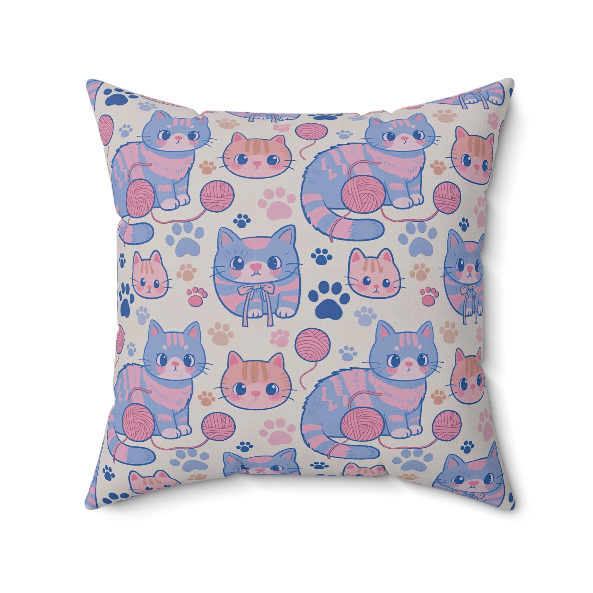 Indoor Square Pillow - Sweet pastel blue and pink cartoon cats, cute kawaii style kittens with yarn and paw prints, charming and playful animal design, light cream background, delightful pet pattern