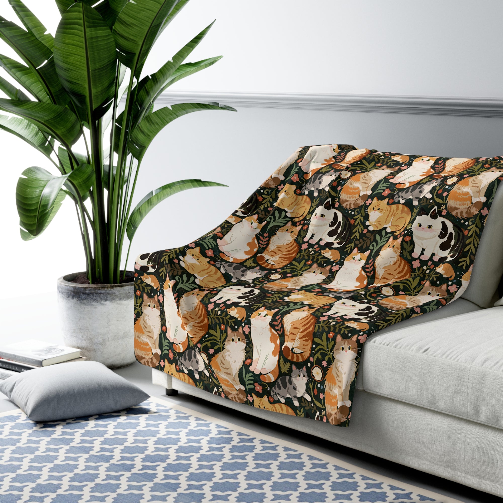 Sherpa Blanket - Whimsical cat and kitten garden party, various cat breeds amidst green foliage and pink flowers, charming animal illustration, dark forest green background, playful and natural art