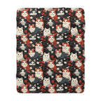 Sherpa Blanket - A detailed and ornate Victorian-style pattern featuring a tight grouping of fluffy cats of various colors surrounded by black and red flowers and leaves.