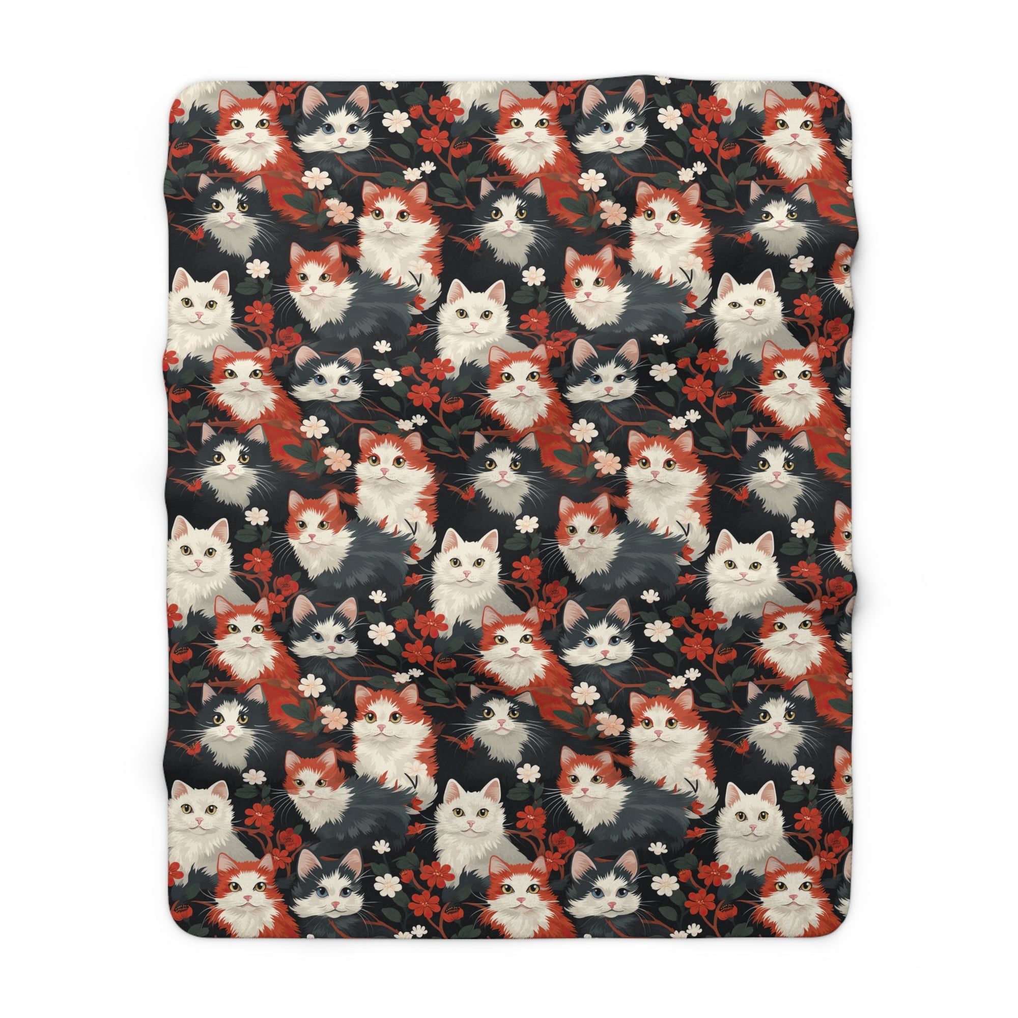 Sherpa Blanket - A detailed and ornate Victorian-style pattern featuring a tight grouping of fluffy cats of various colors surrounded by black and red flowers and leaves.