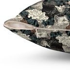 Indoor Square Pillow - Grey and White Kittens with Creamy White Flowers and Dark Green Foliage, Elegant Vintage Vibe