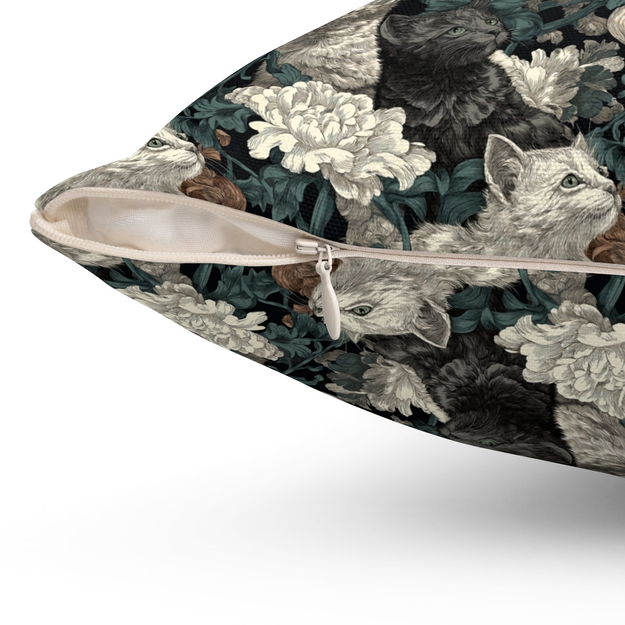 Indoor Square Pillow - Grey and White Kittens with Creamy White Flowers and Dark Green Foliage, Elegant Vintage Vibe