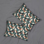 Indoor Lumbar Pillow - A whimsical, fluffy, watercolor depiction of various cats of different colors peeking out from a dense dark blue and green bush with white flowers.