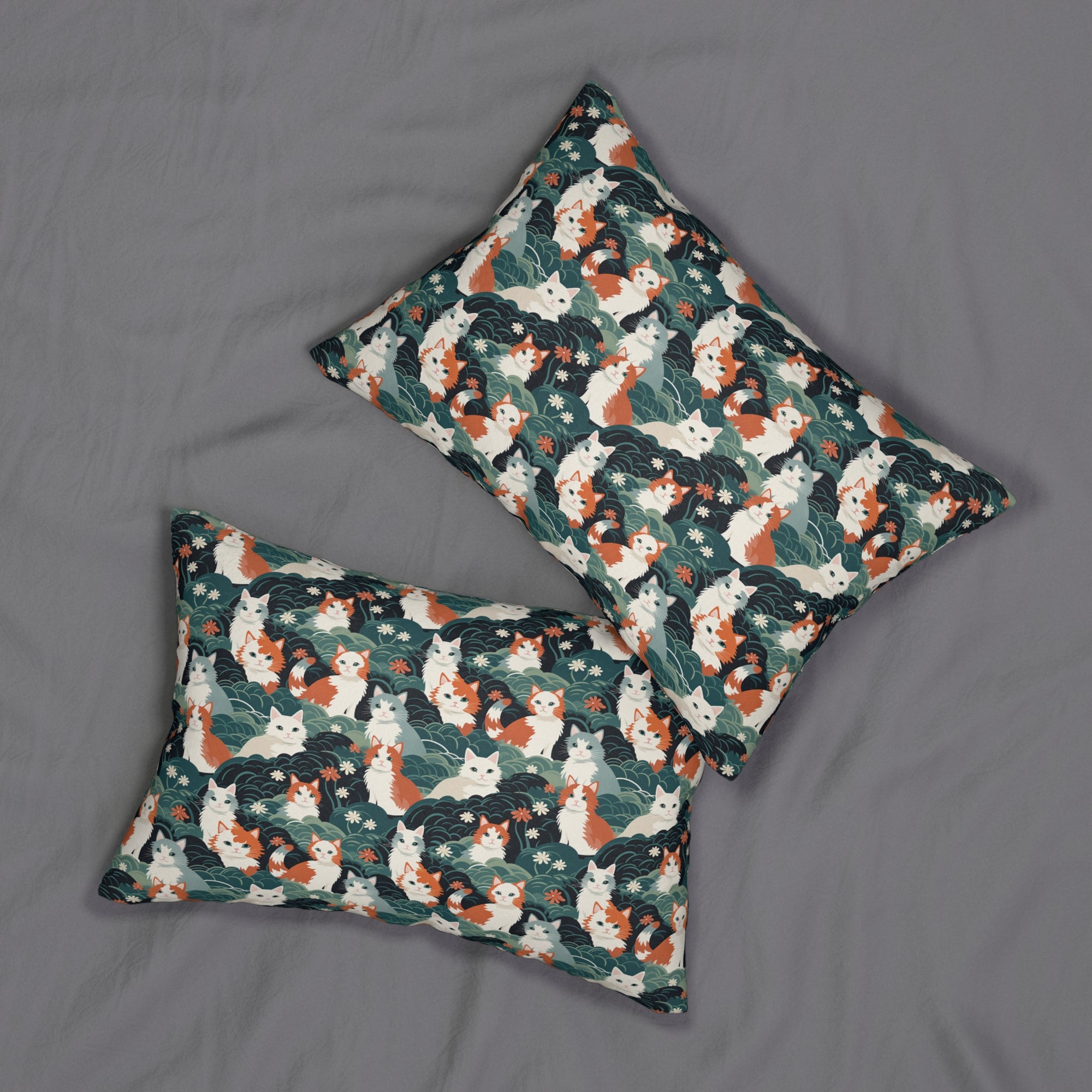 Indoor Lumbar Pillow - A whimsical, fluffy, watercolor depiction of various cats of different colors peeking out from a dense dark blue and green bush with white flowers.