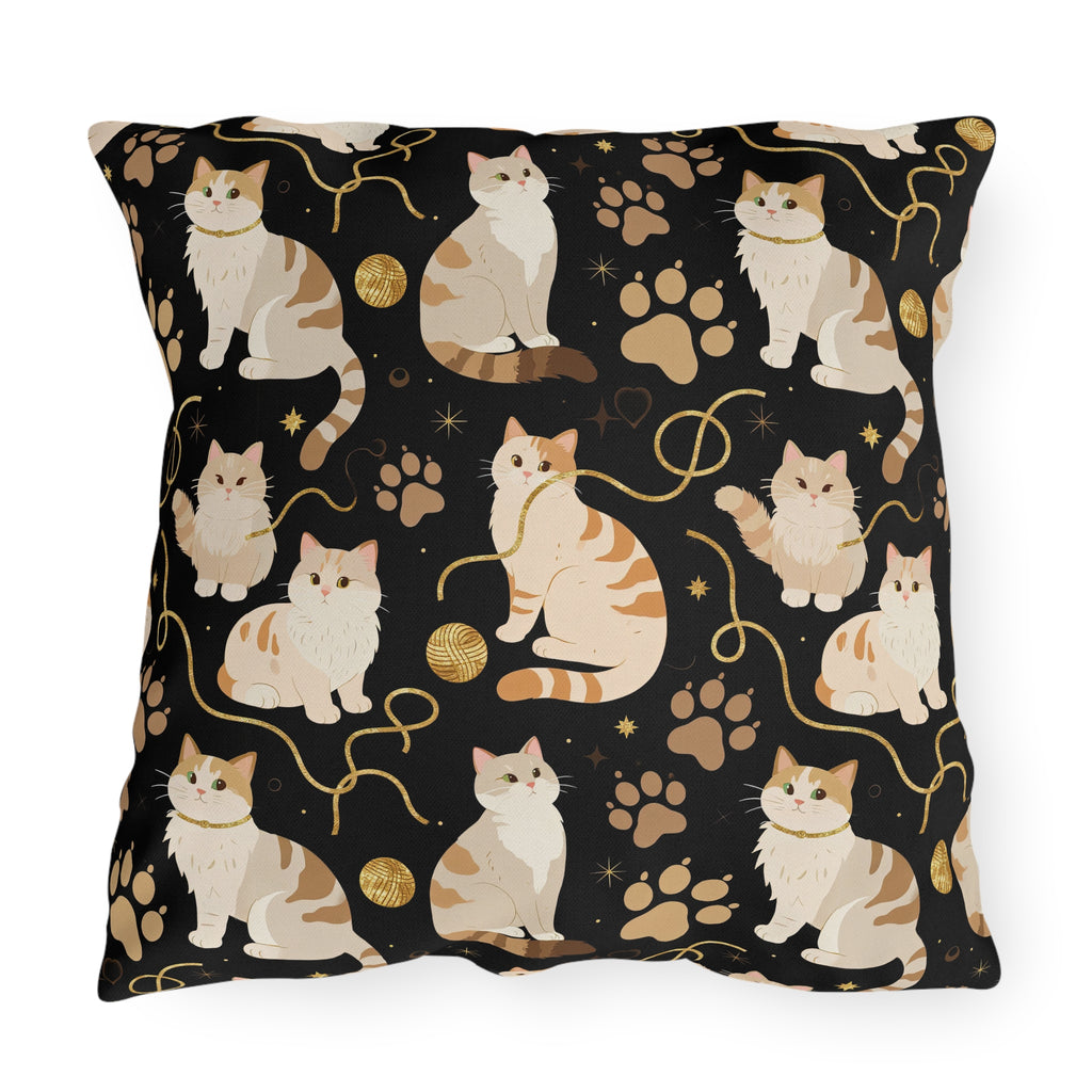 Outdoor Pillow - Elegant felines and sparkling gold yarn on black, adorable cats with golden paw prints, sophisticated pet motif, charming animal pattern, cozy and warm artistic illustration