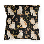Outdoor Pillow - Elegant felines and sparkling gold yarn on black, adorable cats with golden paw prints, sophisticated pet motif, charming animal pattern, cozy and warm artistic illustration
