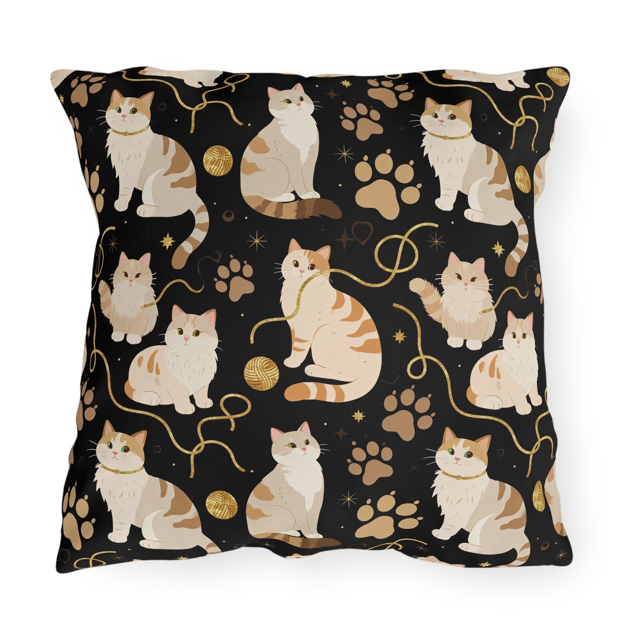 Outdoor Pillow - Elegant felines and sparkling gold yarn on black, adorable cats with golden paw prints, sophisticated pet motif, charming animal pattern, cozy and warm artistic illustration