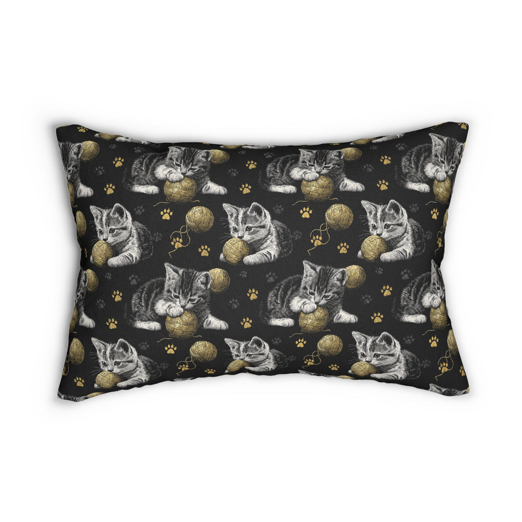 Indoor Lumbar Pillow - Grey and White Kittens Playing with Golden Yarn on a Black Background with Paw Prints