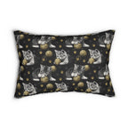 Indoor Lumbar Pillow - Grey and White Kittens Playing with Golden Yarn on a Black Background with Paw Prints
