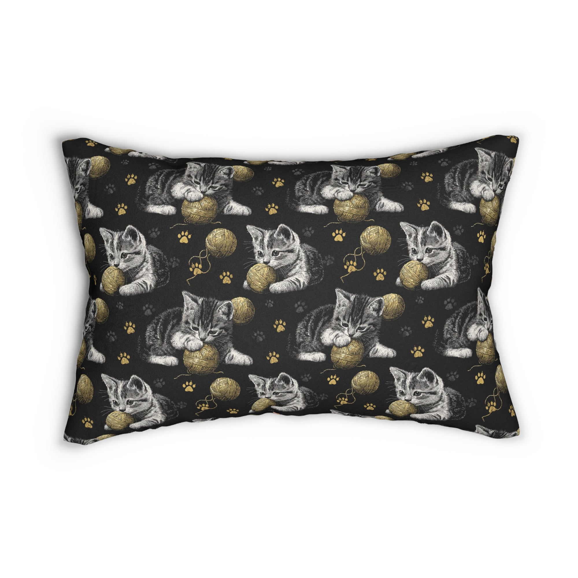 Indoor Lumbar Pillow - Grey and White Kittens Playing with Golden Yarn on a Black Background with Paw Prints