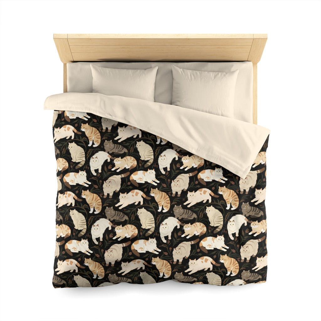 Duvet Cover - Earthy Toned Cats Lounge and Play Amidst Dark Foliage in a Serene and Naturally Inspired Seamless Pattern Design